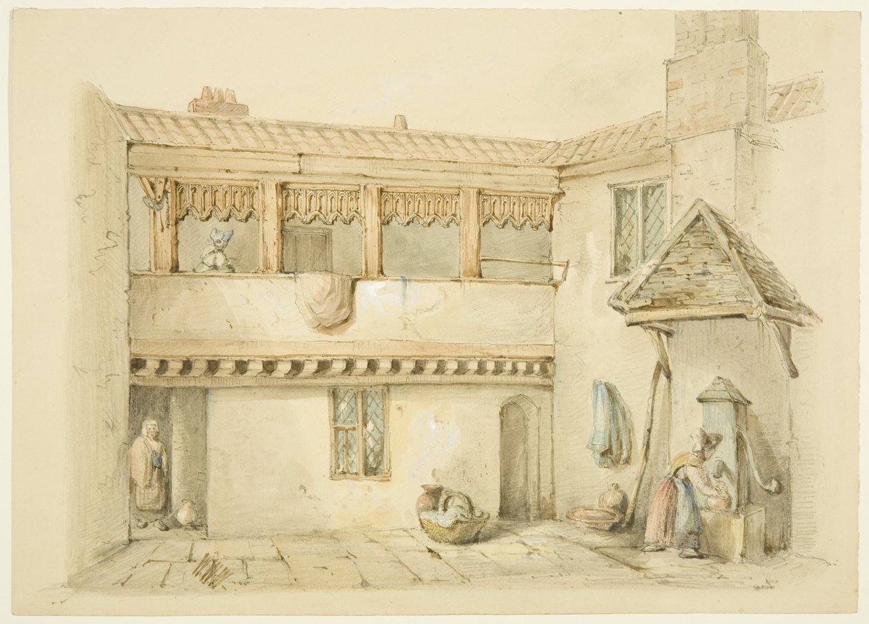 Barnstaple Almshouses, Old Market (kynä ja akvarelli paperille) tekijältä William W. Wheatley