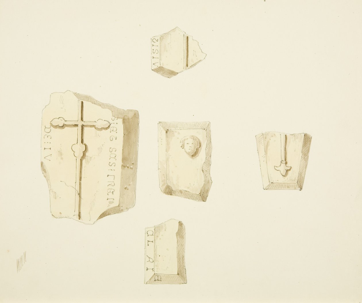 Monumentin jäänteet St Jamesin kirkossa, Bristol (kynä ja akvarelli paperille) tekijältä William W. Wheatley