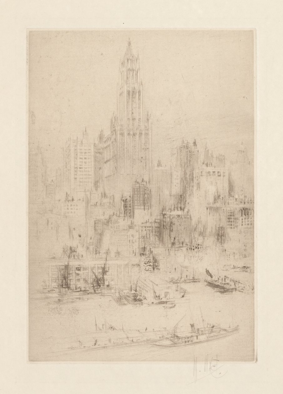 Manhattanin keskusta East Riverin varrelta ja Woolworth Building tekijältä William Walcot
