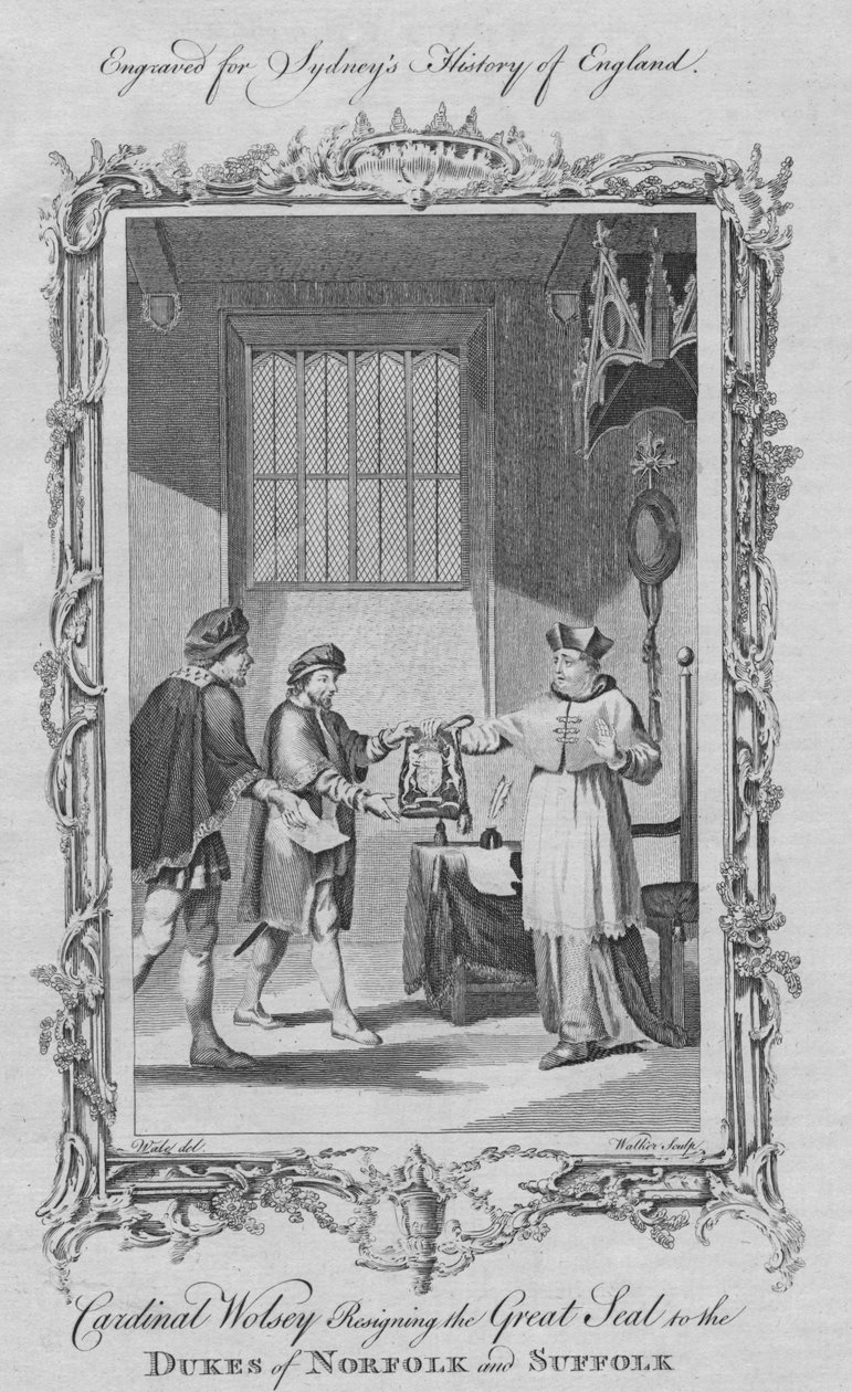 Kardinaali Wolsey eroaa Norfolkin ja Suffolkin herttuoiden suuresta sinetistä, 1773. tekijältä William Walker