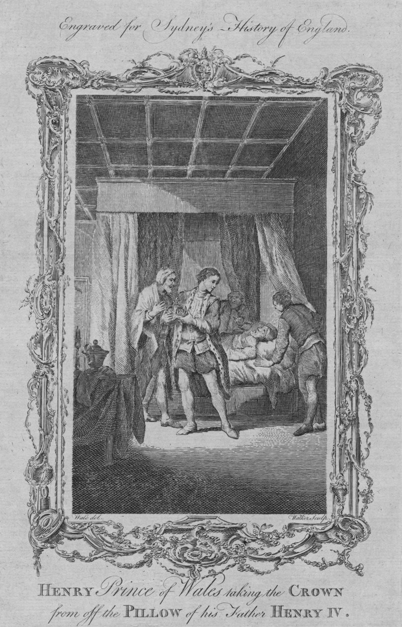 Henry Prince of Wales ottaa kruunun tämän isän Henry IV:n tyynyltä, 1773. tekijältä William Walker