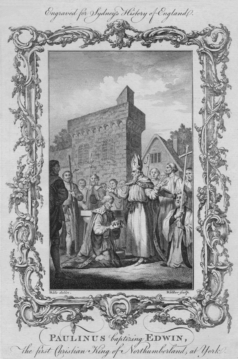 Paulinus kastamassa Edwinin, Northumberlandin ensimmäisen kristityn kuninkaan, Yorkissa vuonna 1773. tekijältä William Walker