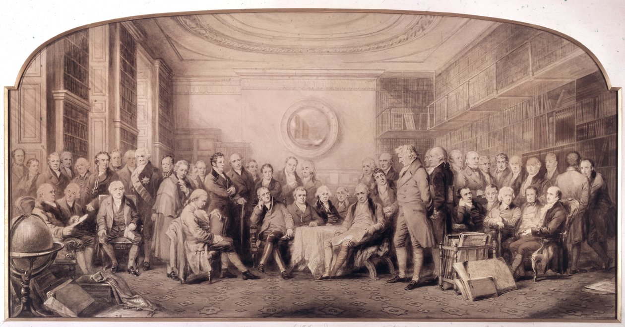 Tieteen merkittävimmät miehet 1807-1808. Kokous Englannin kuninkaallisen tiedeinstituutin kirjastossa. William Walkerin ja Sir John Gilbertin (1817 - 1897) kaiverrus - Eminent Men of Science Elävä vuonna 1807 - Eminent Men of Science tekijältä William Walker