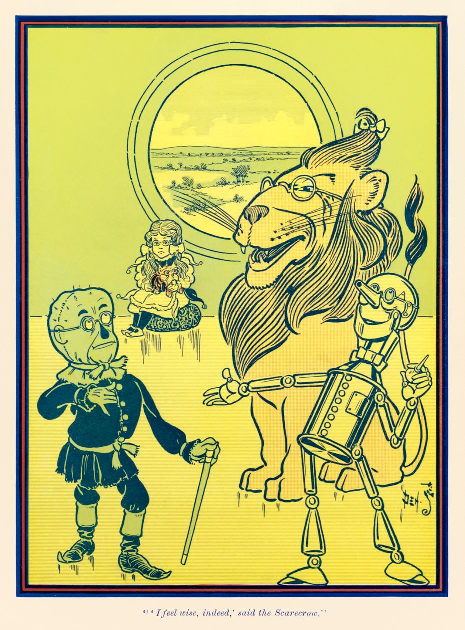 Tunnen itseni viisaaksi, sanoi variksenpelätin. L. Frank Baumin teoksesta The Wonderful Wizard of Oz tekijältä William Wallace Denslow