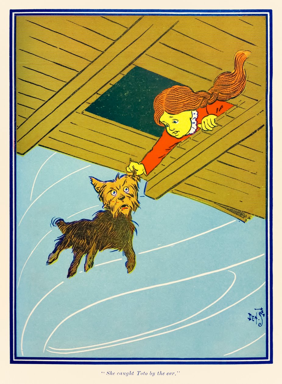 Hän tarttui Totoon korvaan. L. Frank Baumin teoksesta The Wonderful Wizard of Oz tekijältä William Wallace Denslow