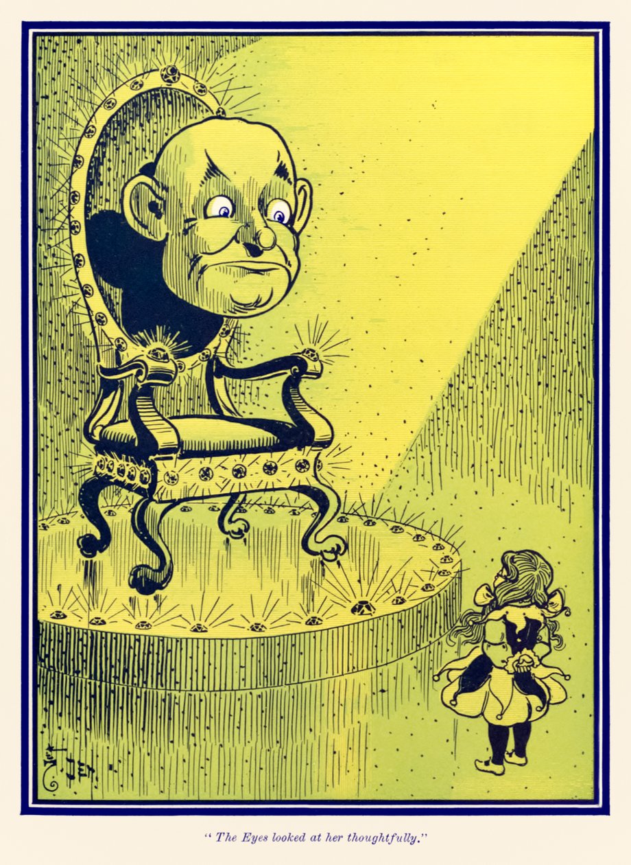 Silmät katsoivat häntä mietteliäänä. L. Frank Baumin teoksesta The Wonderful Wizard of Oz tekijältä William Wallace Denslow