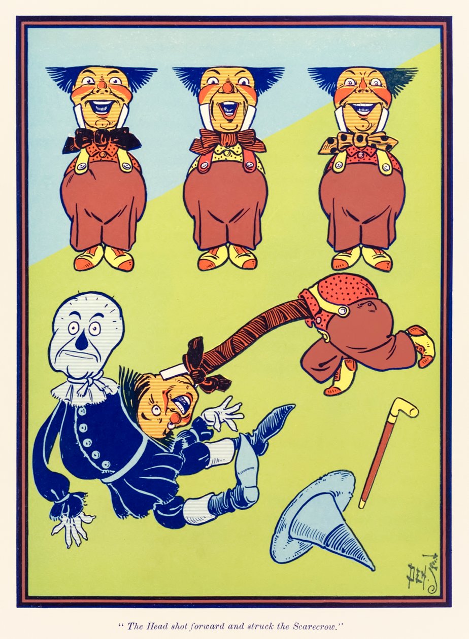 Pää ampui eteenpäin ja löi Scarecrow. L. Frank Baumin teoksesta Ihmeellinen velho Oz tekijältä William Wallace Denslow