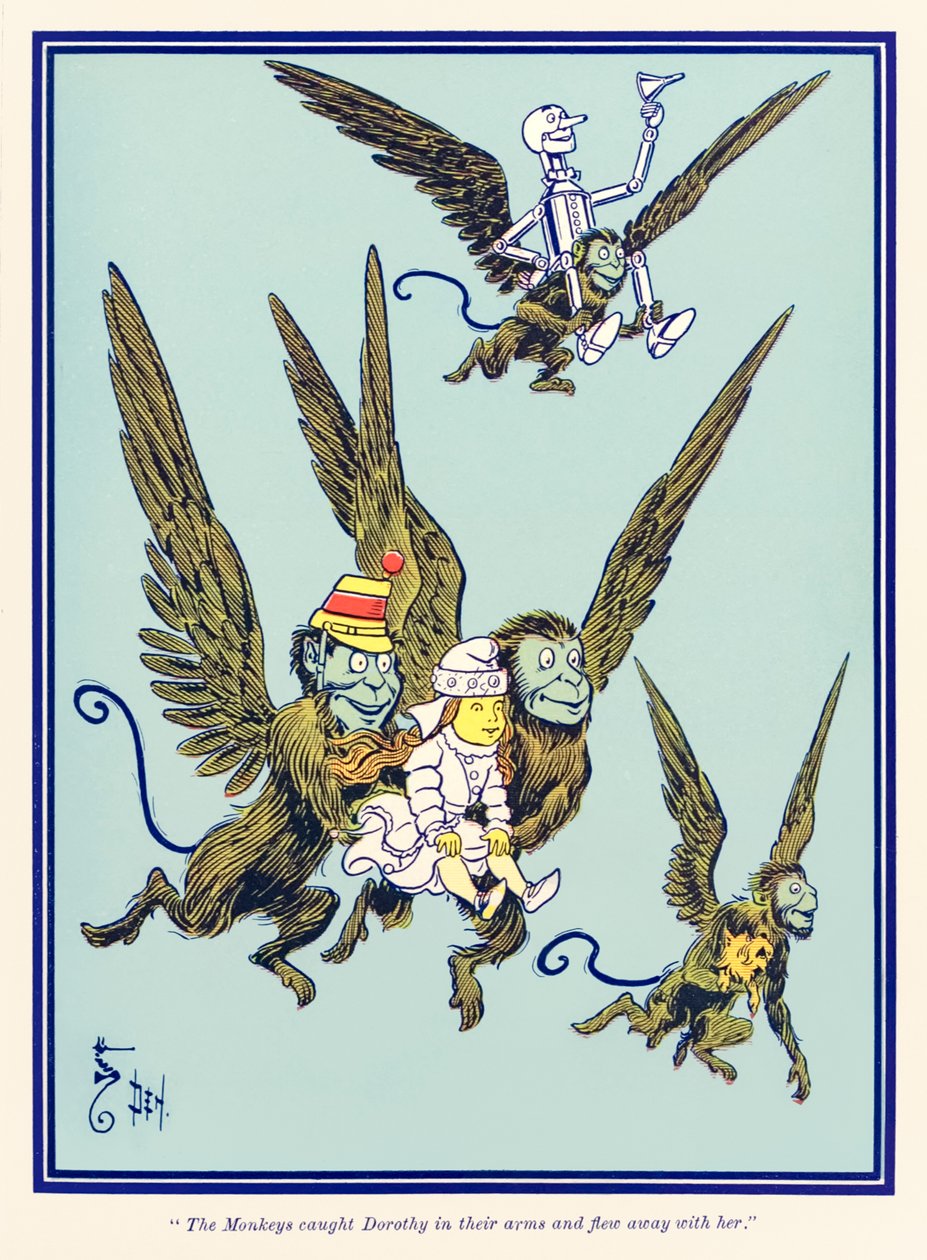 "Apinat saivat Dorothyn syliinsä ja lensivät pois hänen kanssaan." L. Frank Baumin "The Wonderful Wizard of Oz" tekijältä William Wallace Denslow