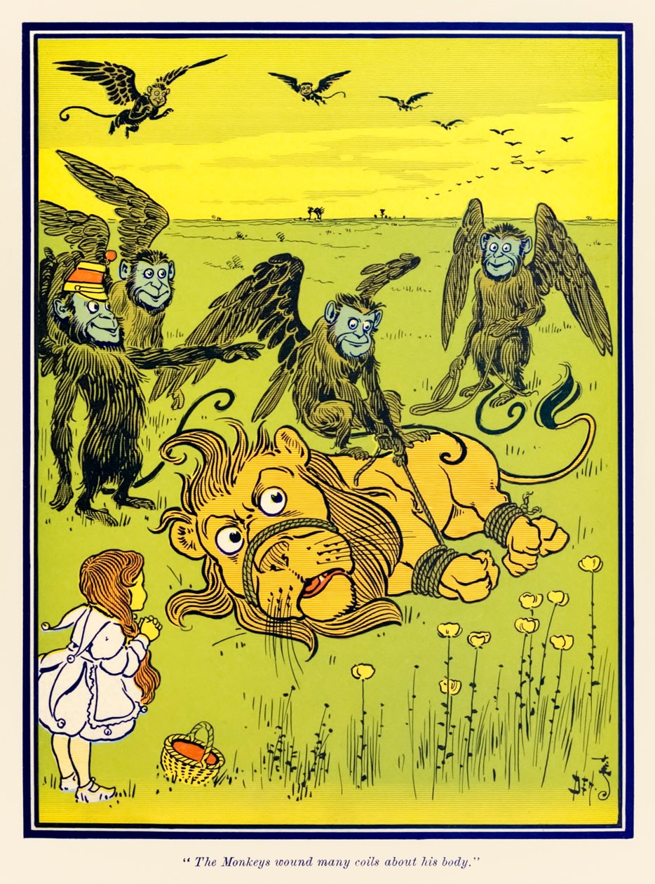 Apinat kietoivat monia kierteitä hänen ruumiinsa ympärille. L. Frank Baumin teoksesta The Wonderful Wizard of Oz tekijältä William Wallace Denslow