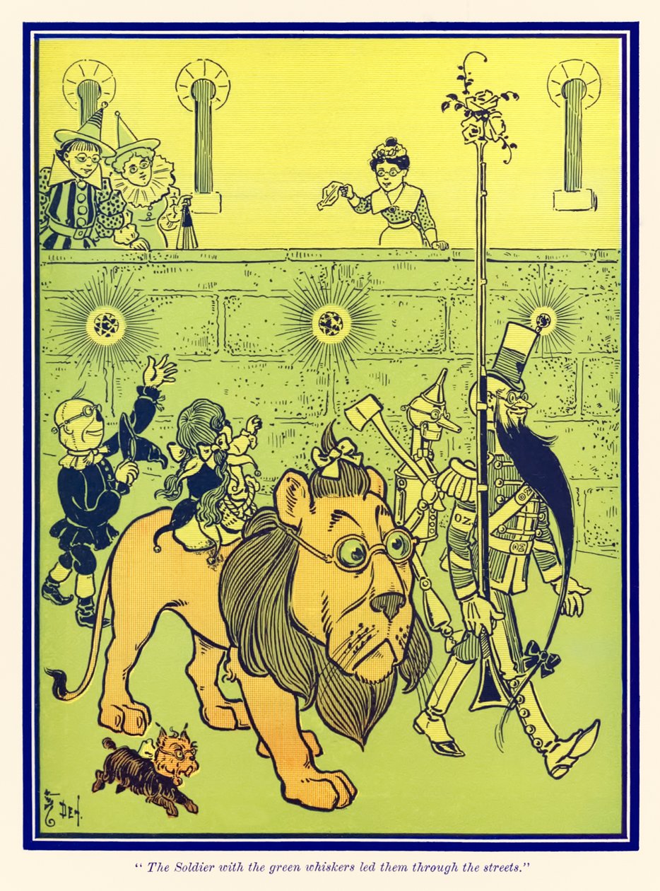 Sotilas, jolla oli vihreät viikset, johti heitä kaduilla. L. Frank Baumin teoksesta The Wonderful Wizard of Oz (Ozin ihmeellinen velho). tekijältä William Wallace Denslow