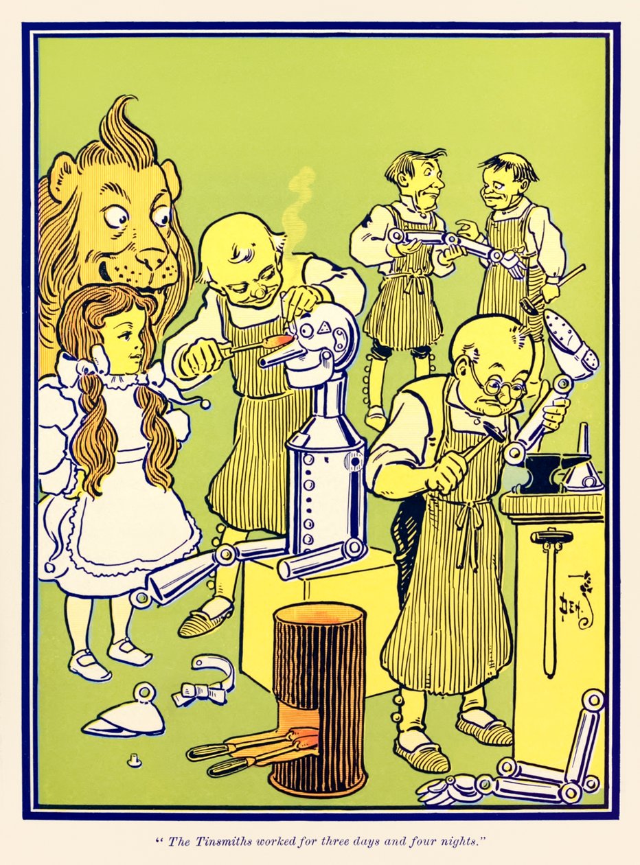 "Tinsmiths työskenteli kolme päivää ja neljä yötä." L. Frank Baumin teoksesta The Wonderful Wizard of Oz tekijältä William Wallace Denslow