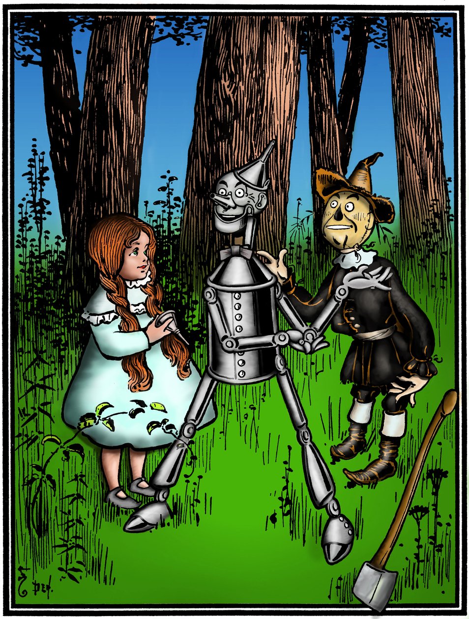 The Wizard of Oz: Denslowin, William Wallacen (1856-1919) piirros Frank Baumin kirjan (1856-1919) ensimmäiseen painokseen vuonna 1900 - Dorothee (Dorothy) auttoi peltimetsästä. tekijältä William Wallace Denslow