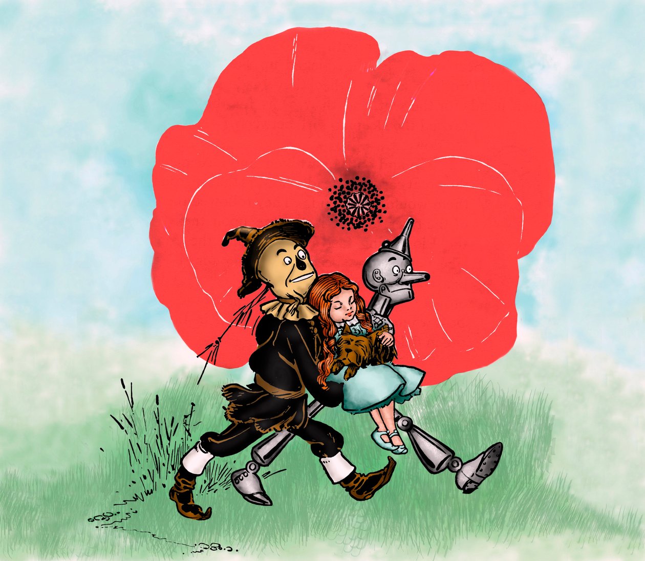 The Wonderful Wizard of Oz - The Wizard of Oz: Denslowin, William Wallacen (1856-1915) piirros yhdelle Frank Baumin kirjan ensimmäisistä painoksista (1856-1919) - Dorothee (Dorothy) ja hänen koiransa Toto ovat kaukana tappava unikonpelto variksenpelätin ja tekijältä William Wallace Denslow