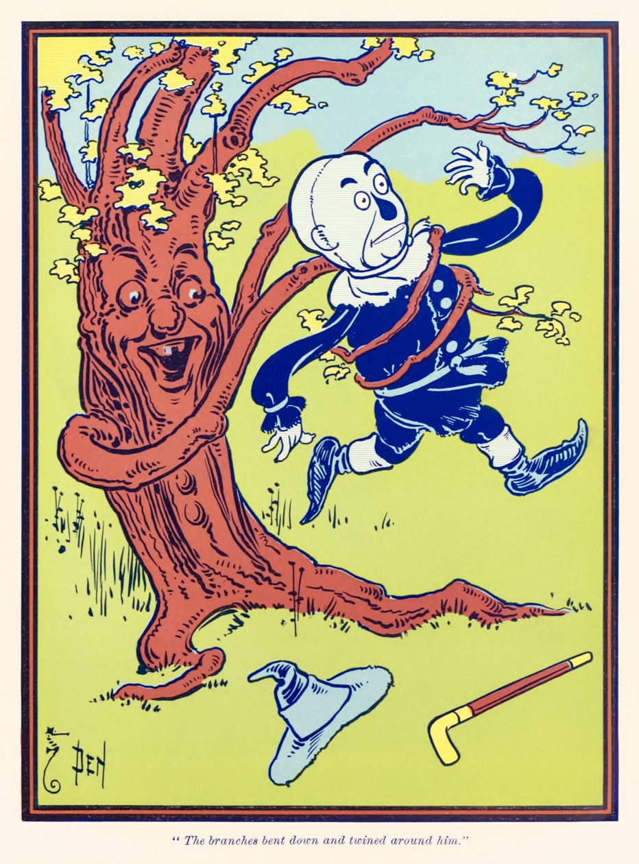 Oksat taipuivat alas ja kiertyivät hänen ympärilleen. L. Frank Baumin teoksesta The Wonderful Wizard of Oz tekijältä William Wallace Denslow