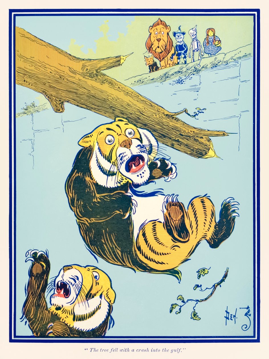 ?Puu kaatui törmäyksellä lahteen.? The Wonderful Wizard of Oz? kirjoittanut L. Frank Baum tekijältä William Wallace Denslow