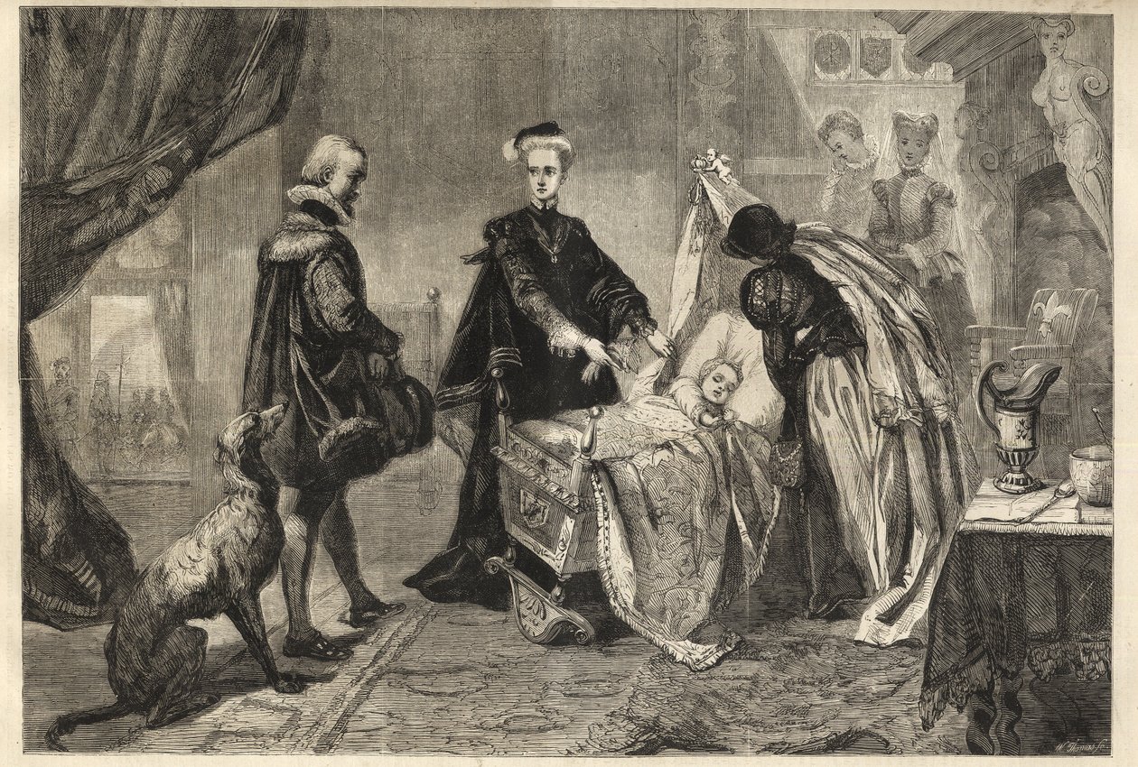 Kuningatar Mary jättää Stirlingin linnan - Marie Stuart (Skotlannin Marie I) poikansa kehdon (Jacques Stuart, Jacques VI ja minä) edessä tekijältä William Ward