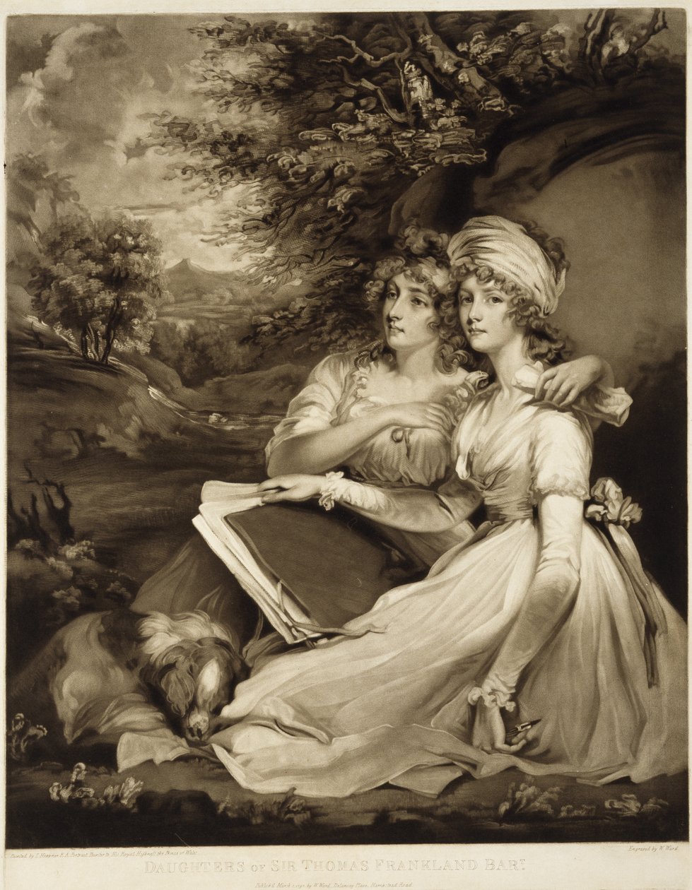 Paroni Sir Thomas Franklandin tyttäret, 1797 (sekatintta ruskealla tussilla). tekijältä William Ward