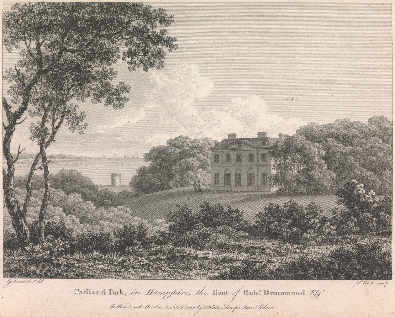Cadland Park, Hampshire, Robert Drummondin kotipaikka, Esquire (julkaisija W. Watts); sivu 56 (Nide 1) tekijältä William Watts