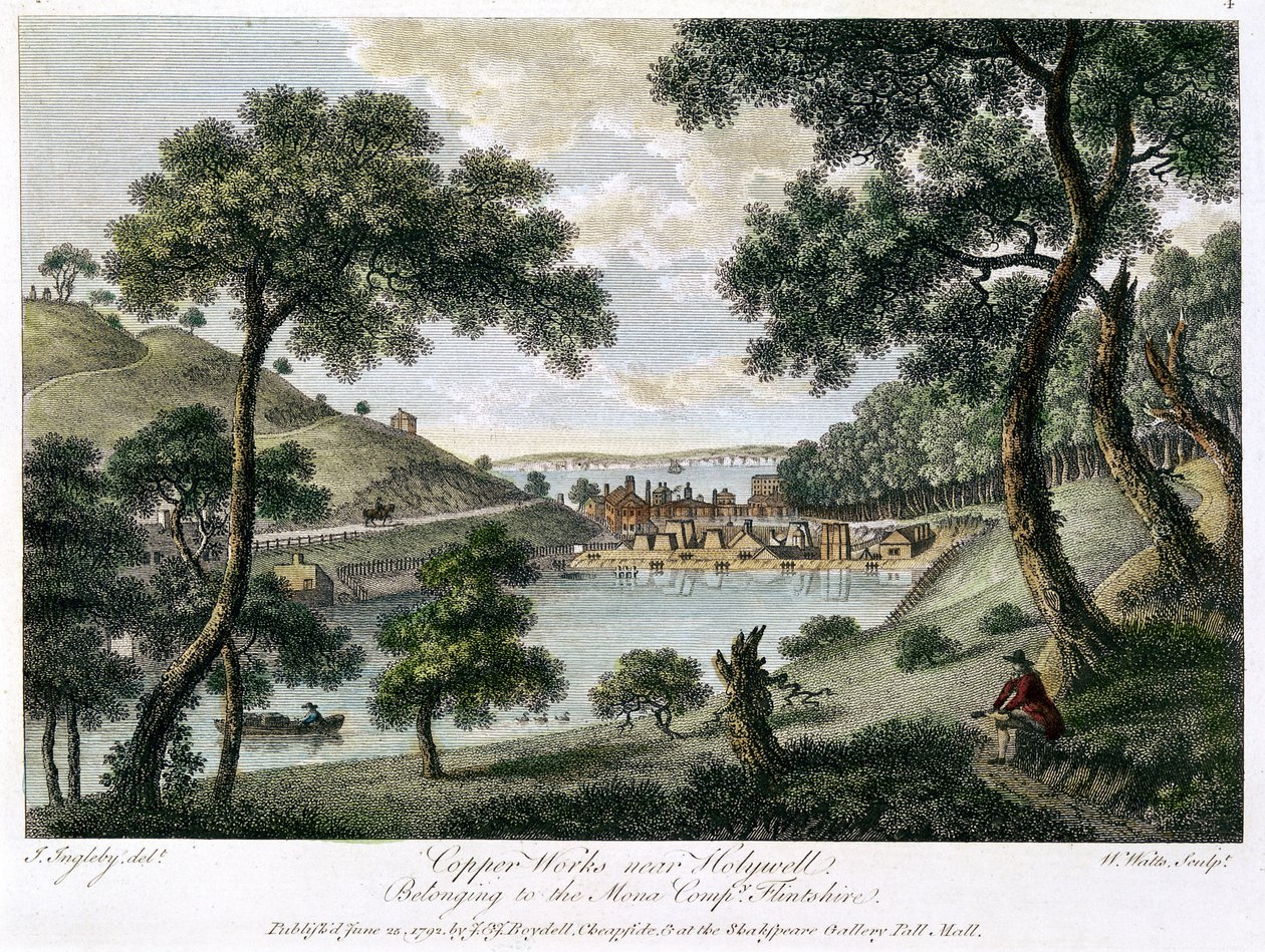 Mona Companyn omistama kuparitehdas lähellä Holywellia, Flintshire, Wales, 1792 tekijältä William Watts