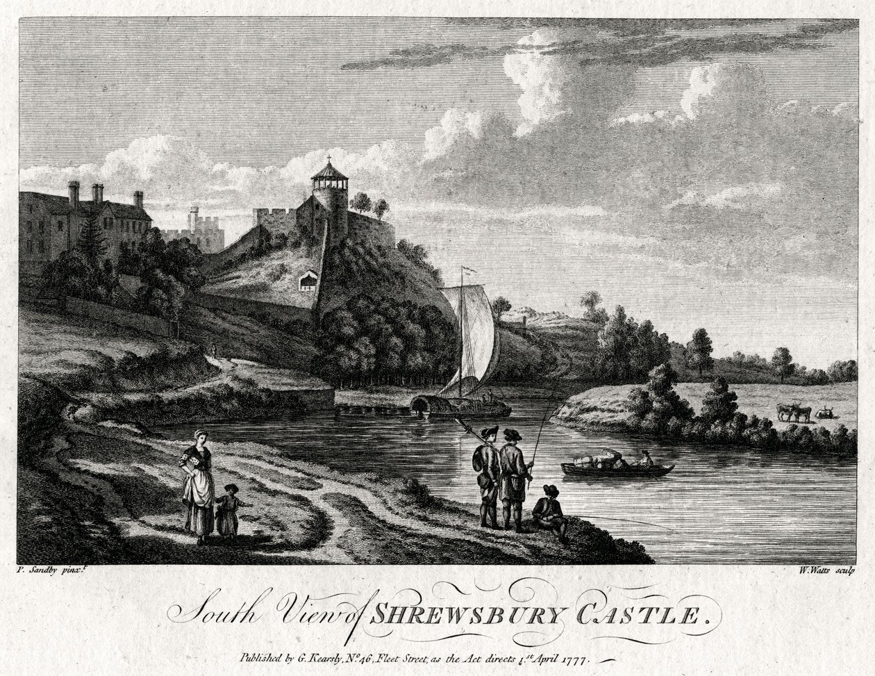 Etelänäkymä Shrewsbury Castlesta, Shropshire, 1777 tekijältä William Watts