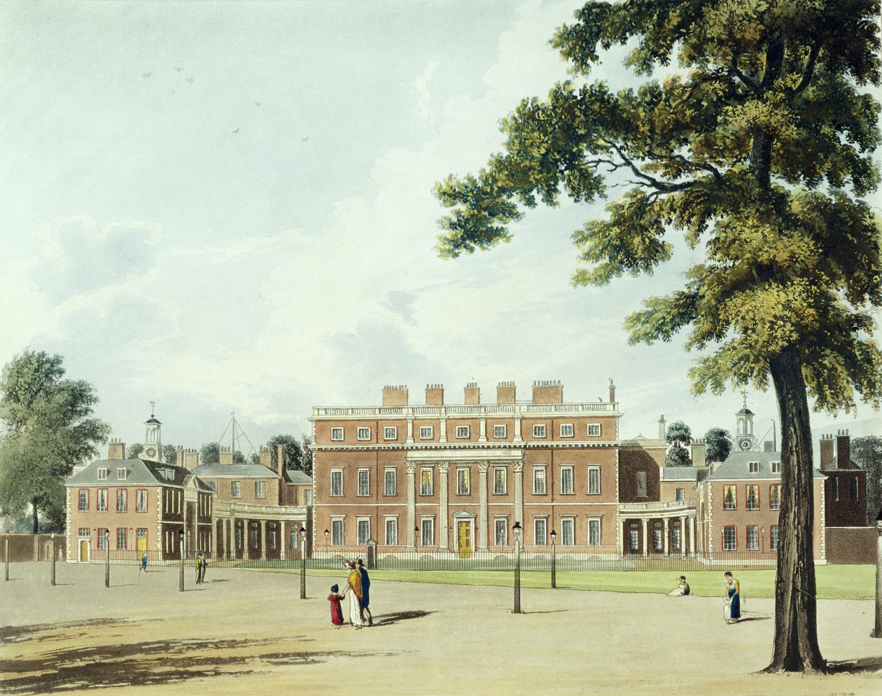 Buckingham House, teoksesta "The History of the Royal Residences", kaiverrus Thomas Sutherland (s.1785), William Henry Pyne (1769-1843), 1819 tekijältä William Westall