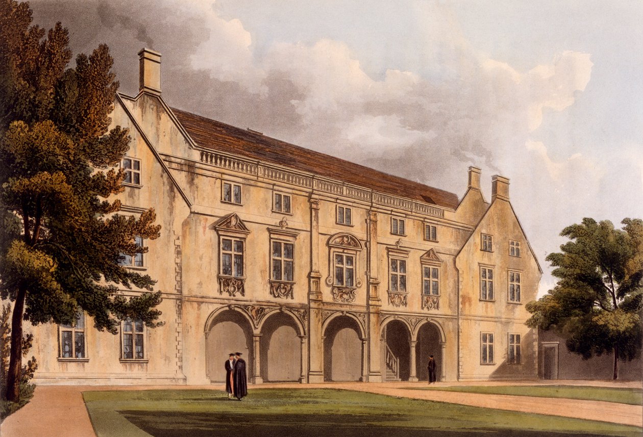 Cambridgen Magdalene Collegen kirjaston ulkokuori, "The History of Cambridge", kaiverrettu Joseph Constantine Stadler (fl.1780-1812), pub. R. Ackermann, 1815 (väriakvatinta) tekijältä William Westall