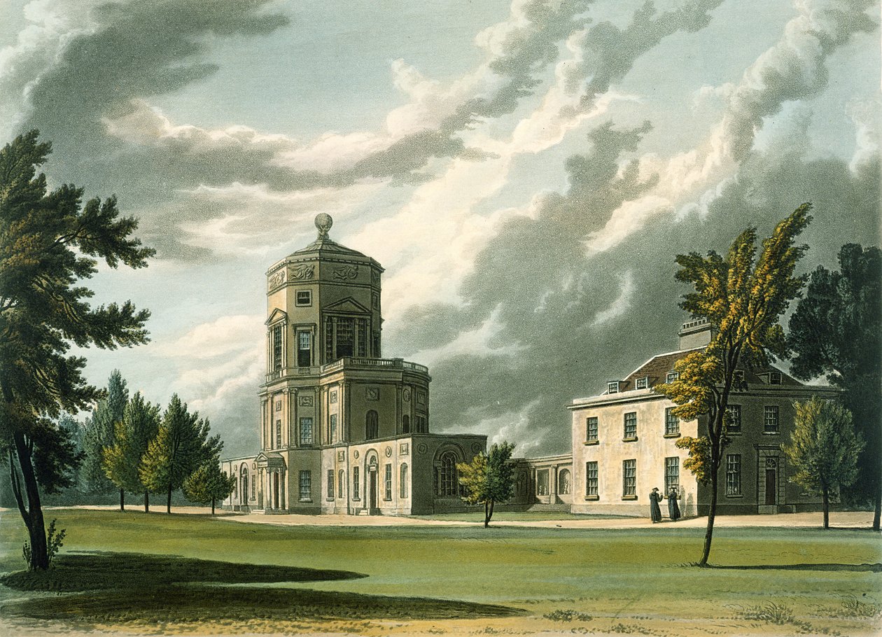 Astronomical Observatoryn ulkopuoli, kuva Oxfordin historiasta, kaiverrus Joseph Constantine Stadler (fl.1780-1813) pub. kirjoittanut R. Ackermann, 1813 (akvatinta) tekijältä William Westall