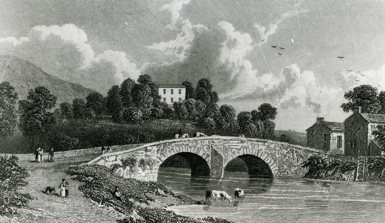Greta Hall ja Keswickin silta, kaiverrus E. Francis, 1842 tekijältä William Westall