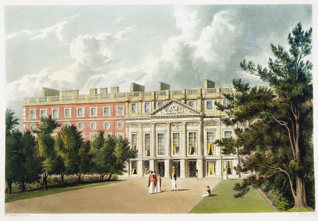 Hampton Court Palace, teoksesta "The History of the Royal Residences", kaiverrus Richard Reeve (s.1780), William Henry Pyne (1769-1843), 1819 tekijältä William Westall