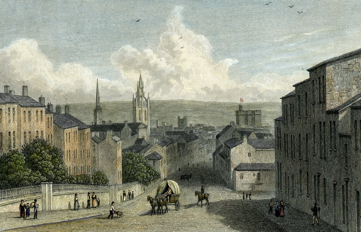 Newcastle Westgate Hillistä, kaivertanut Edward Finden, 1830 tekijältä William Westall