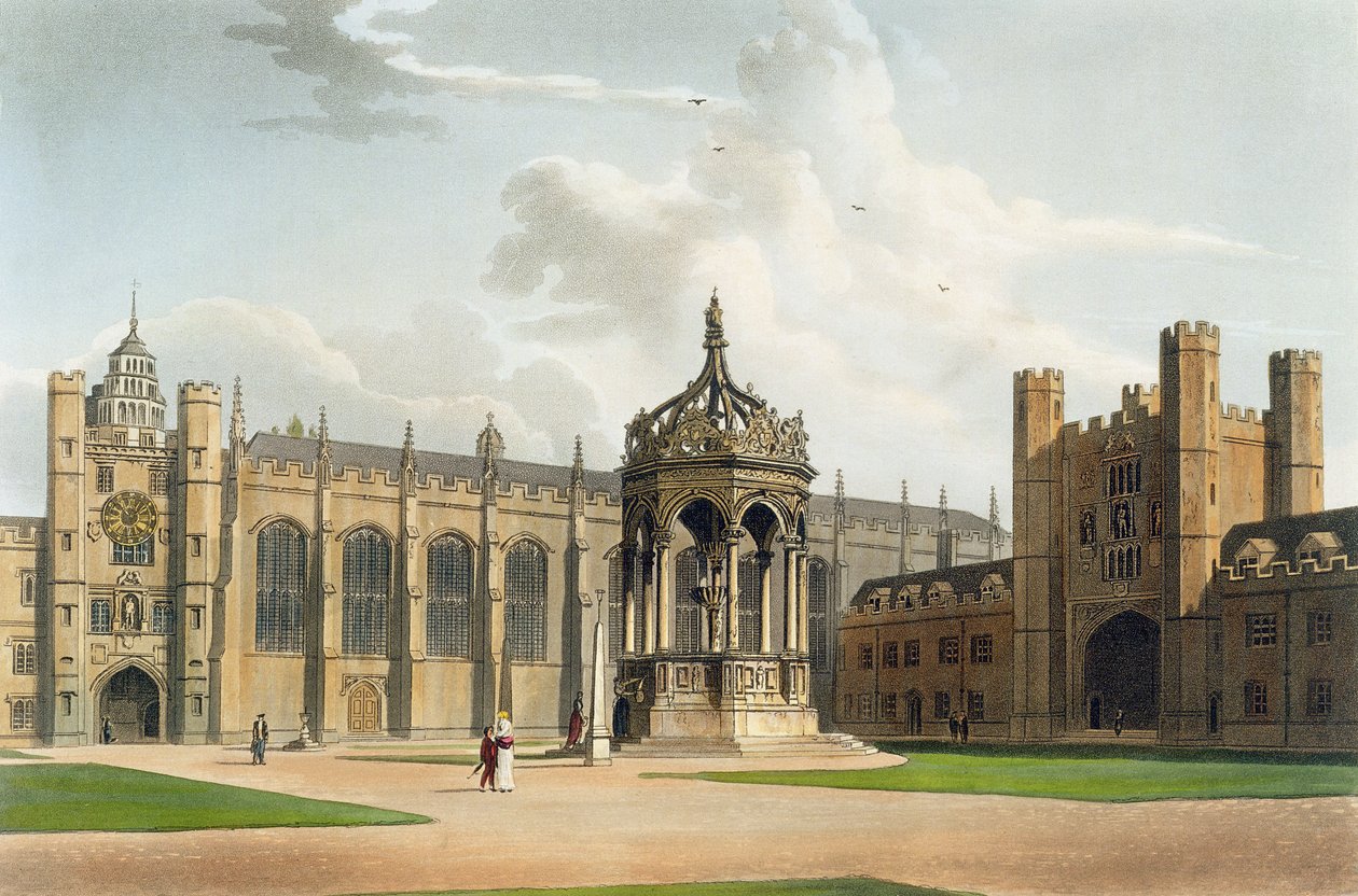 Court of Trinity College, Cambridge, teoksesta "The History of Cambridge", kaiverrettu J. Bluck (fl.1791-1831), pub. R. Ackermann, 1815 (väriakvatinta) tekijältä William Westall