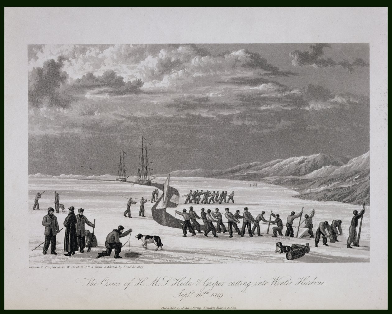 H.M.S. Hecla ja Griperin miehistöt leikkaavat Talvisatamaan 26. syyskuuta 1819, kirjasta "Journal of a Voyage for the Discovery of a North West Passage from the Atlantic to the Pacific performed in t" (päiväkirja matkasta, jonka tarkoituksena oli löytää lu tekijältä William Westall