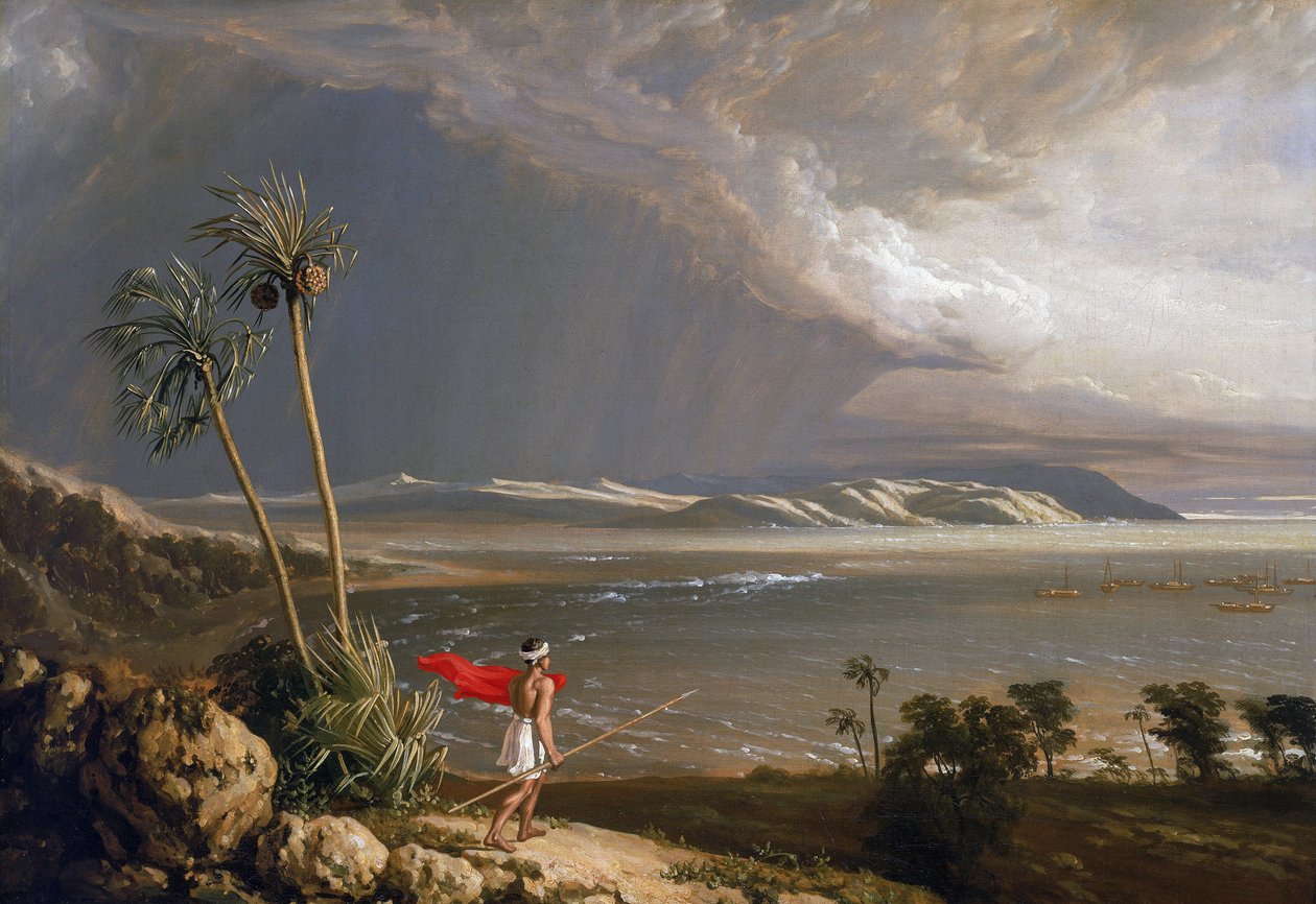 Näkymä Malay Bayn lahdelle Pobassoon saarella (Australia) helmikuussa 1803. William Westallin (1781-1850) öljy kankaalle 1800-luvun alussa. tekijältä William Westall