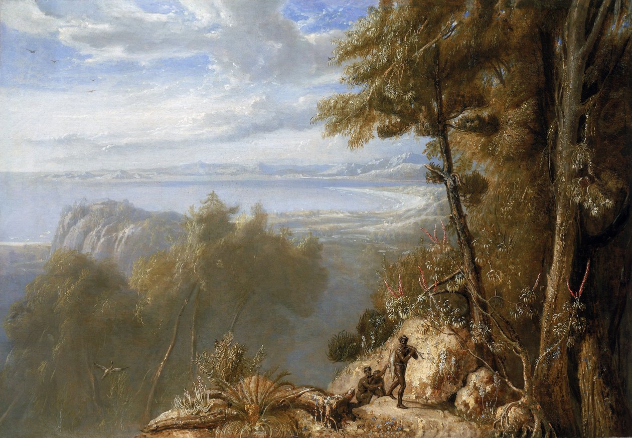Näkymä Port Bowenista (Australia), elokuu 1802, Matthew Flindersin (1774-1814) Investigator-retkikunnan aikana vuosina 1801-1803, jonka tarkoituksena oli kartoittaa eteläisiä maita; maalari oli mukana retkikunnassa. tekijältä William Westall
