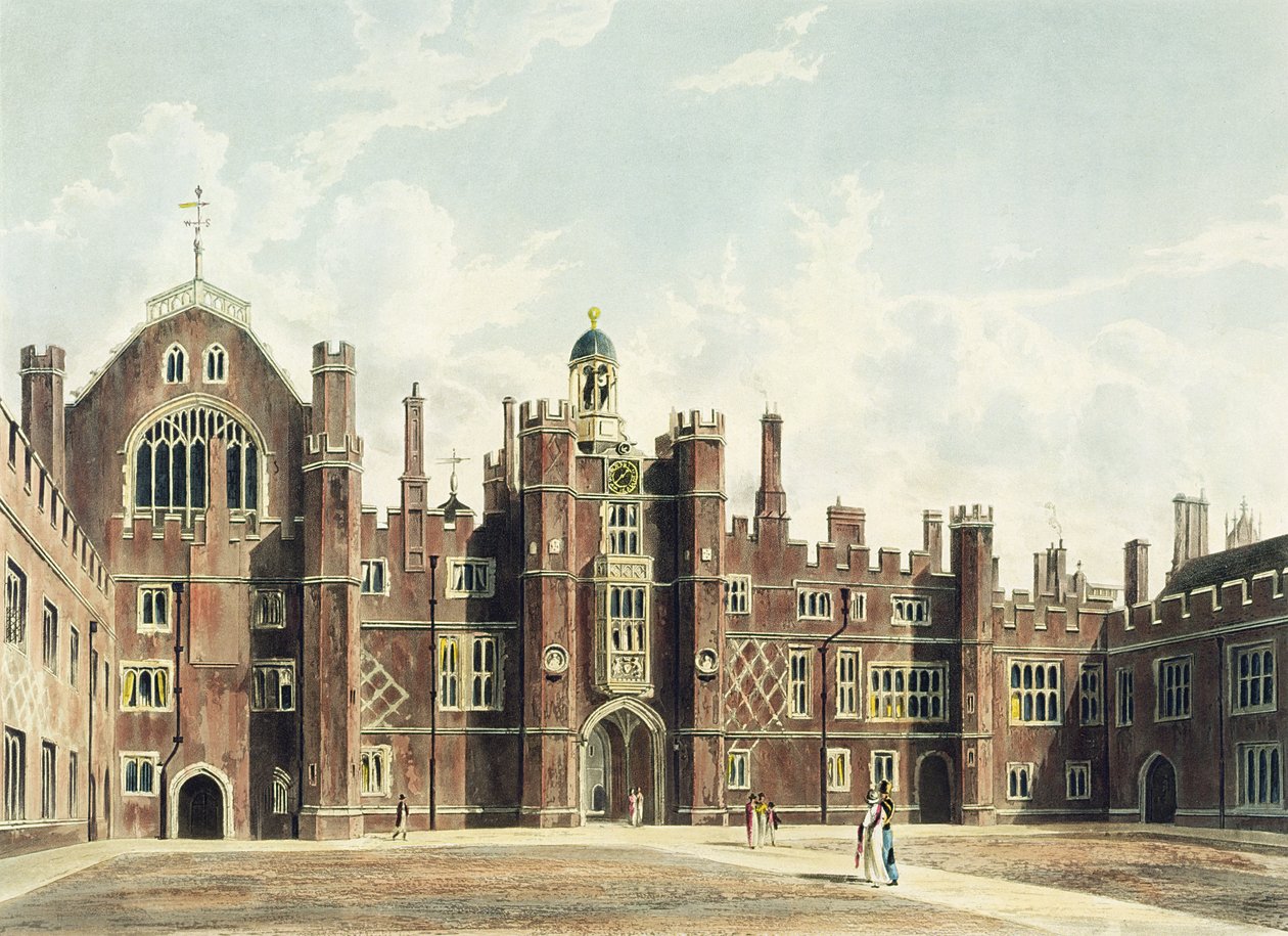 Näkymä Hampton Courtin palatsin nelikulmioon Pynen "Kuninkaallisista asunnoista" Thomas Sutherlandin (s. 1785) kaiverruksesta, julkaistu vuonna 1819 tekijältä William Westall