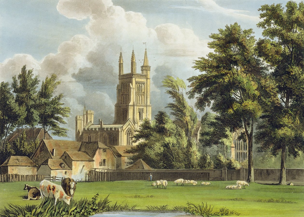 Winchester College from the Meadow, julkaisusta "History of Winchester College", osa "History of the Colleges", kaiverrus Joseph Constantine Stadler (fl.1780-1812) pub, R. Ackermann, 1816 (akvatinta) tekijältä William Westall