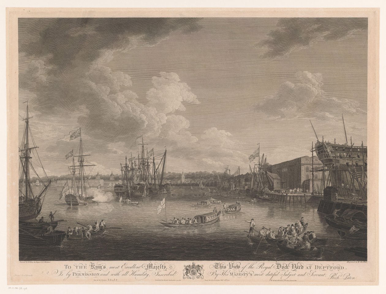 Näkymä Deptfordin telakalle (...) Näkymä Royal Dock Yarkista Deptfordissa (...) (otsikko esineessä) tekijältä William Woollett