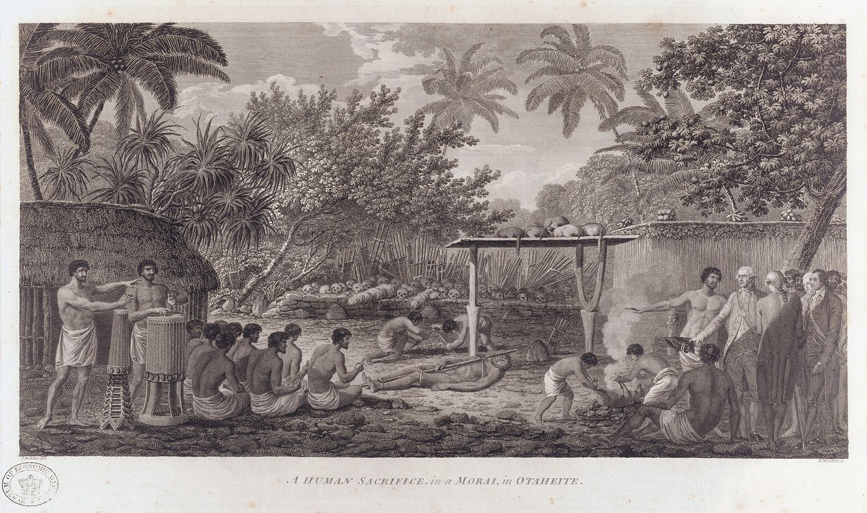 Ihmisuhri Tahitilla Etelä-Tyynenmeren alueella, c1773 tekijältä William Woollett