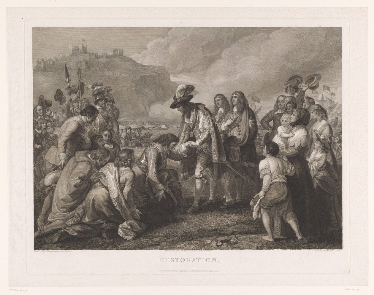Englannin Charles II saapuu rannalle Doveriin 25. toukokuuta 1660 Restaurointi (otsikko esineessä) tekijältä William Woollett