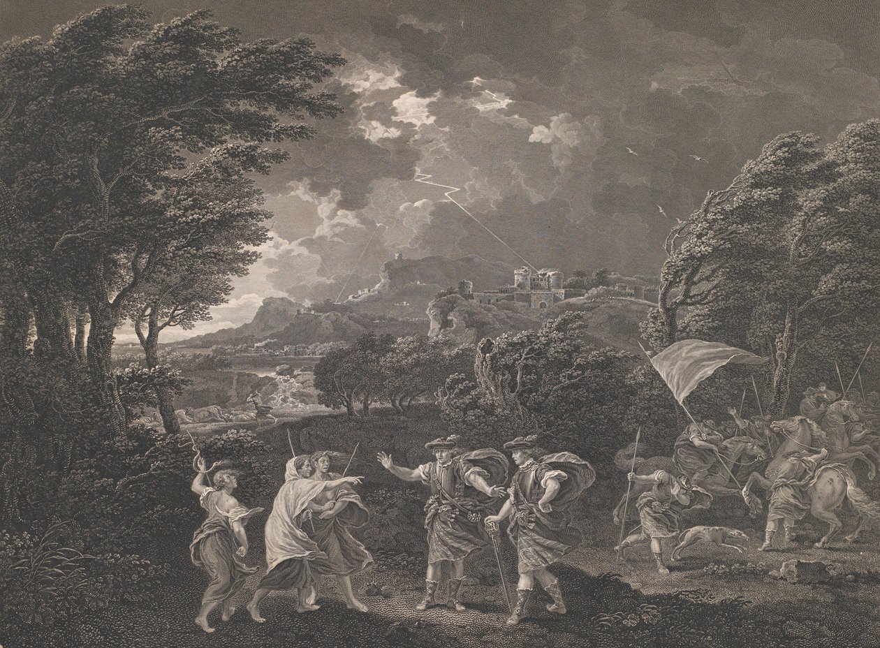 Macbeth ja noidat Shakespeare, Macbeth, näytös 1, kohtaus 1, 1770. tekijältä William Woollett