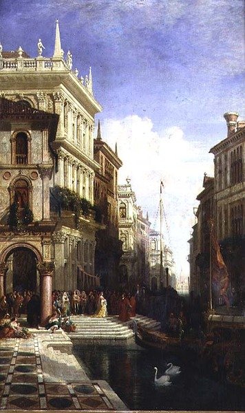 Capriccio-näkymä Venetsiaan prinsessan ollessa esillä gondolille Scuola di San Marcon takaosassa tekijältä William Wyld