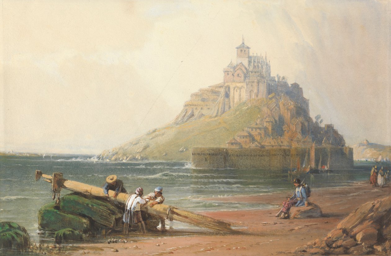 Näkymä Mont St. Michelille hahmojen kanssa rannalla tekijältä William Wyld