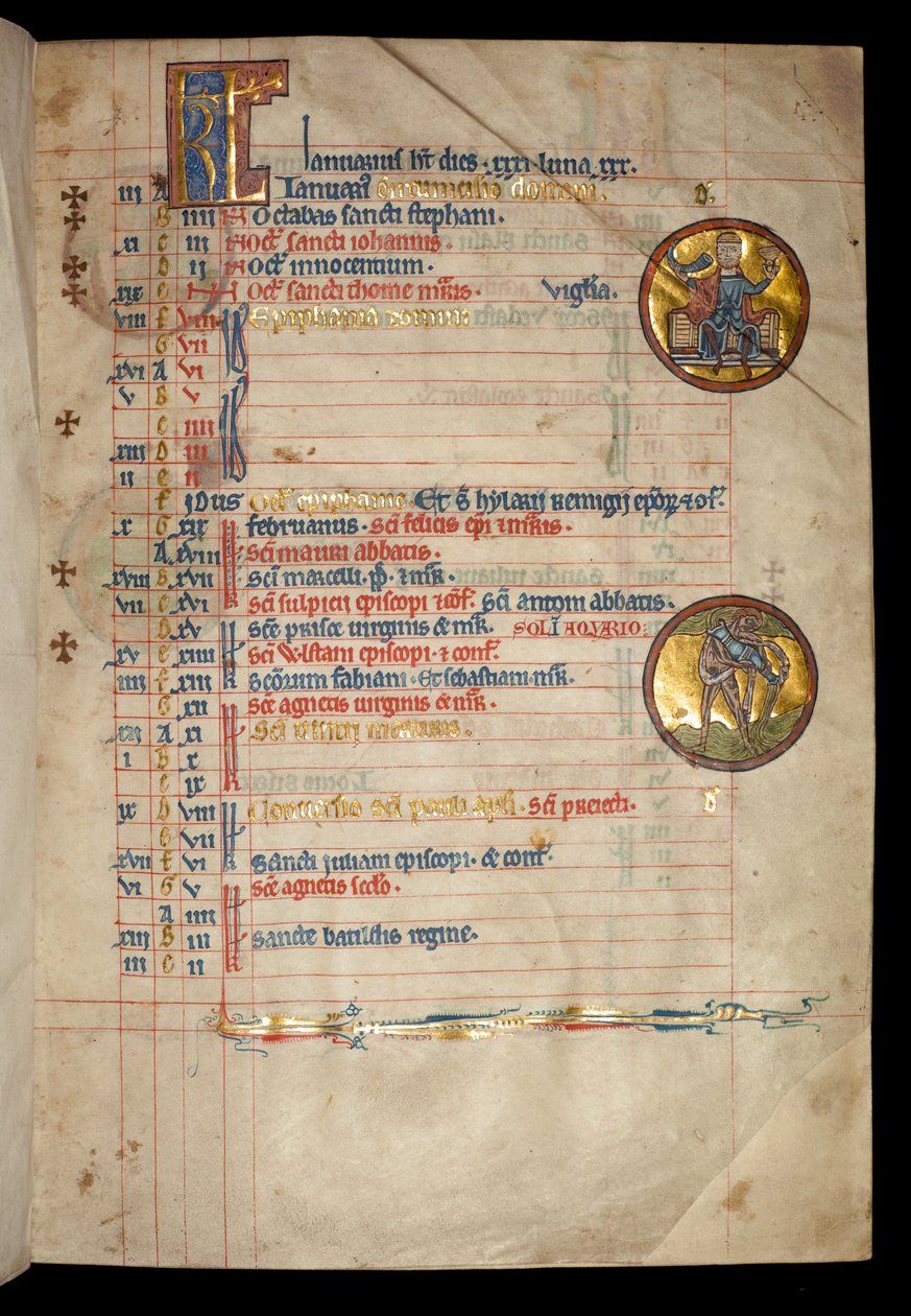 Ms 322 f.1r tammikuu, kolmipäinen mies juomassa, kuva "De Brailes Psalter" -kirjasta, n. 1250 tekijältä William de Brailes  