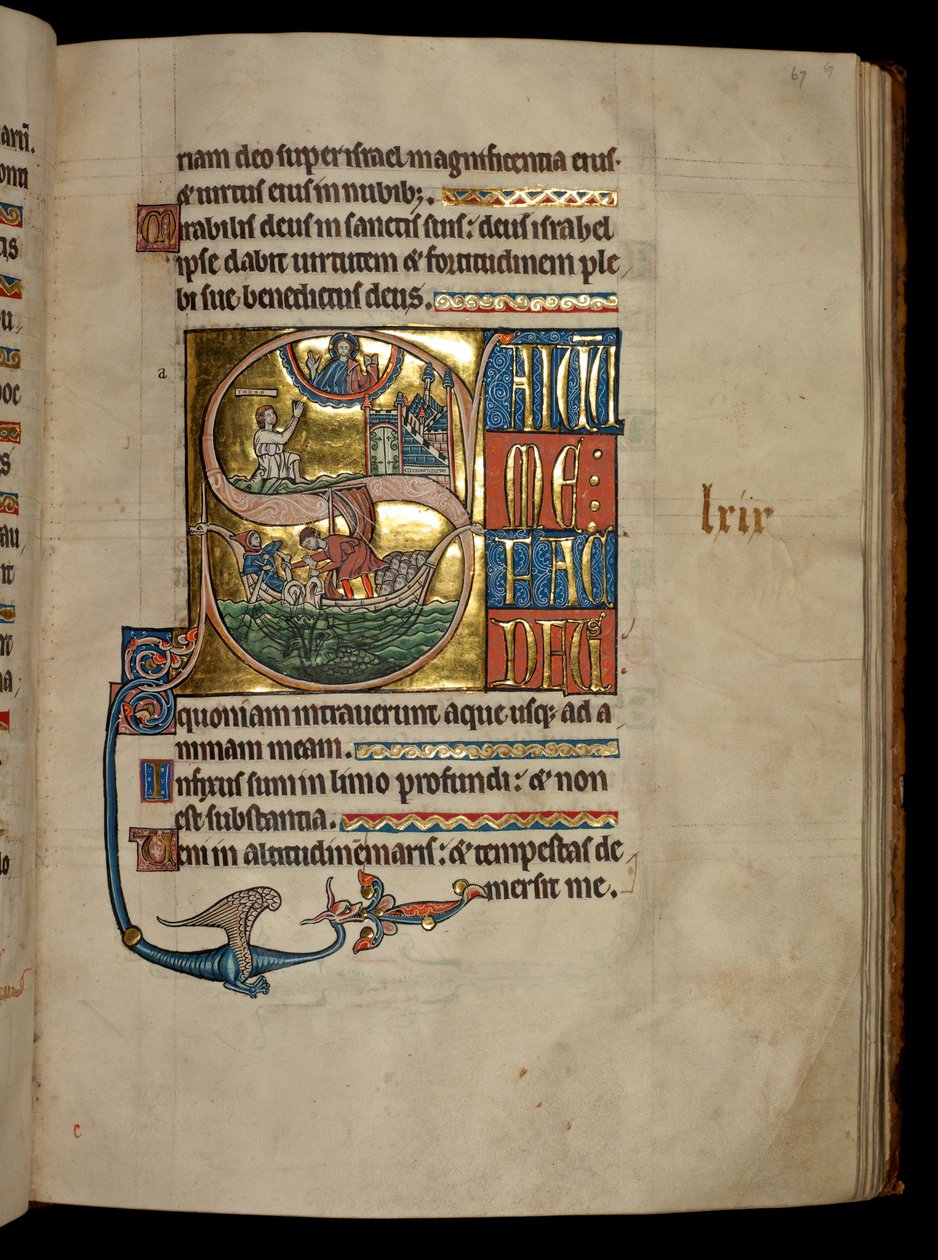 Ms 322 f.67r, psalmi 68, alkukirjain S, Joona rukoilee Kristusta valaasta ulospääsynsä yhteydessä ja Joona heitetään valaan sekaan, kuvitus De Brailen psalttarista, noin 1250. tekijältä William de Brailes  