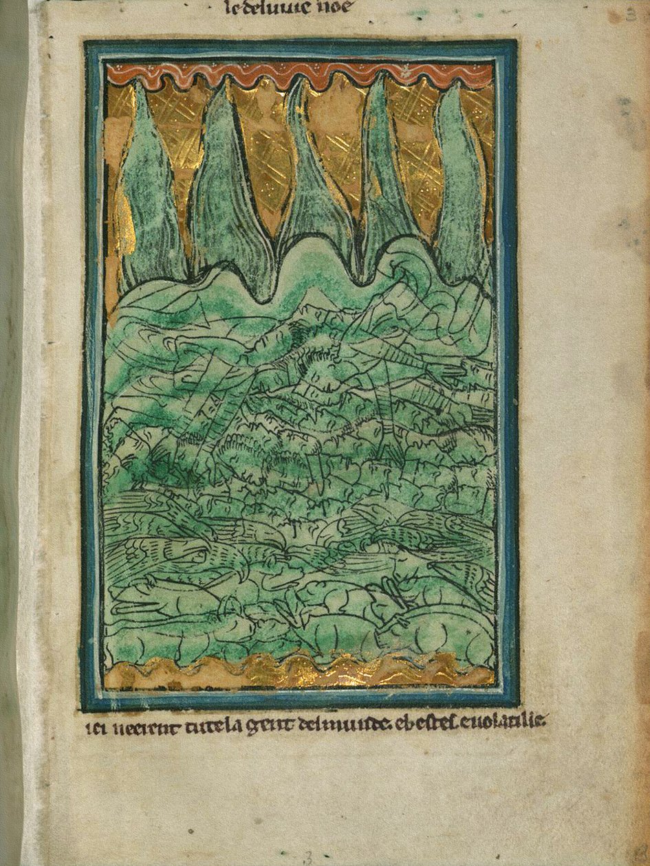 "Nooan tulva", n. 1250 (mustetta ja pigmenttiä pergamentissa) tekijältä William de Brailes