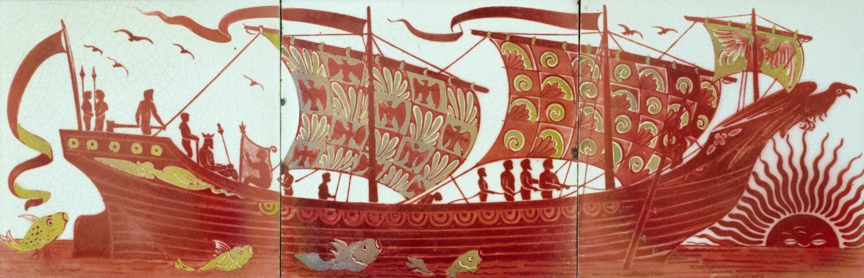 Kolme laatta, jotka kuvaavat laivaa purjehtimassa auringonlaskun aikaan (keraaminen) tekijältä William de Morgan