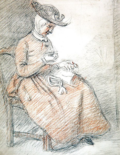 Naisen istuva ompelu (punainen ja musta liitu paperille) tekijältä William of Bath Hoare
