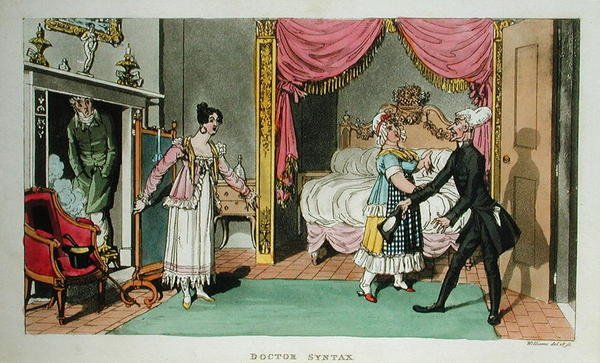 Tohtori Syntaksi katselee majapaikkaa elokuvasta "Tohtori Syntaksin kiertomatka Lontoossa tai suurkaupungin ilot ja kurjuudet". Runo", julkaistu 1820 (akvatintta). tekijältä Williams Williams