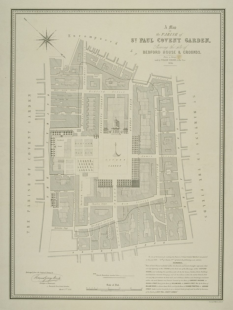 Kartta St. Paulin seurakunnasta Covent Gardenissa, jossa näkyy Bedford Housen ja sen tontti, julkaisija W.P. Metchim, 1686 tekijältä Willian Leybourn