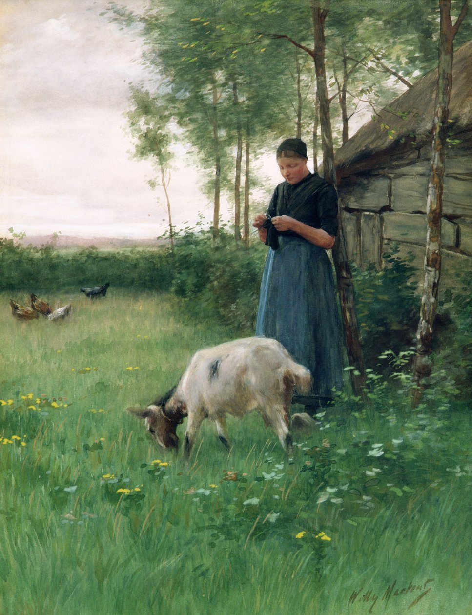 Hollantilainen tyttö vuohen ja kanojen kanssa, n. 1910 tekijältä Willy Martens